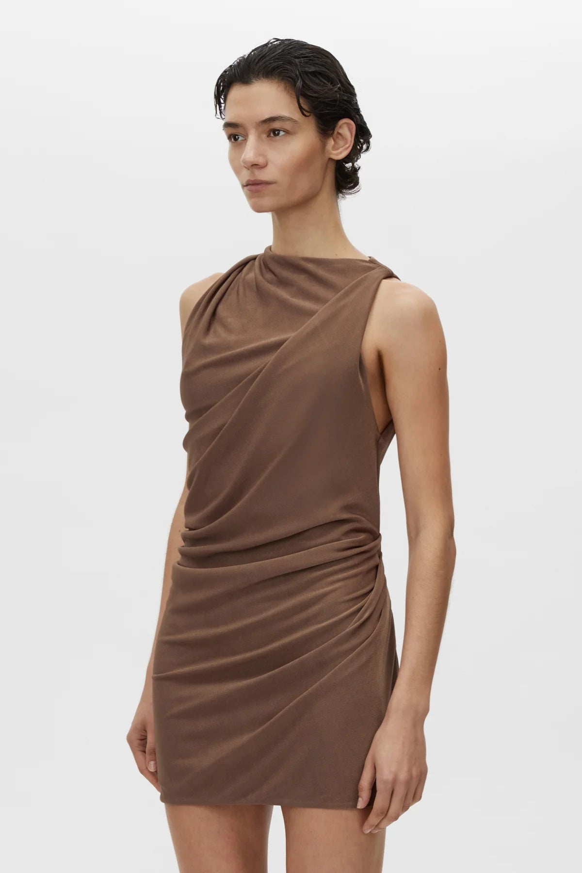 Ashen Dress Copper by Camilla and Marc, satin-look mini with draped cowl neckline and wrap-style waist for a flattering fit.