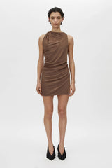 Ashen Dress Copper by Camilla and Marc, satin-look mini with draped cowl neckline and wrap-style waist for a flattering fit.