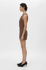 Ashen Dress Copper by Camilla and Marc, satin-look mini with draped cowl neckline and wrap-style waist for a flattering fit.