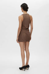 Ashen Dress Copper by Camilla and Marc, satin-look mini with draped cowl neckline and wrap-style waist for a flattering fit.