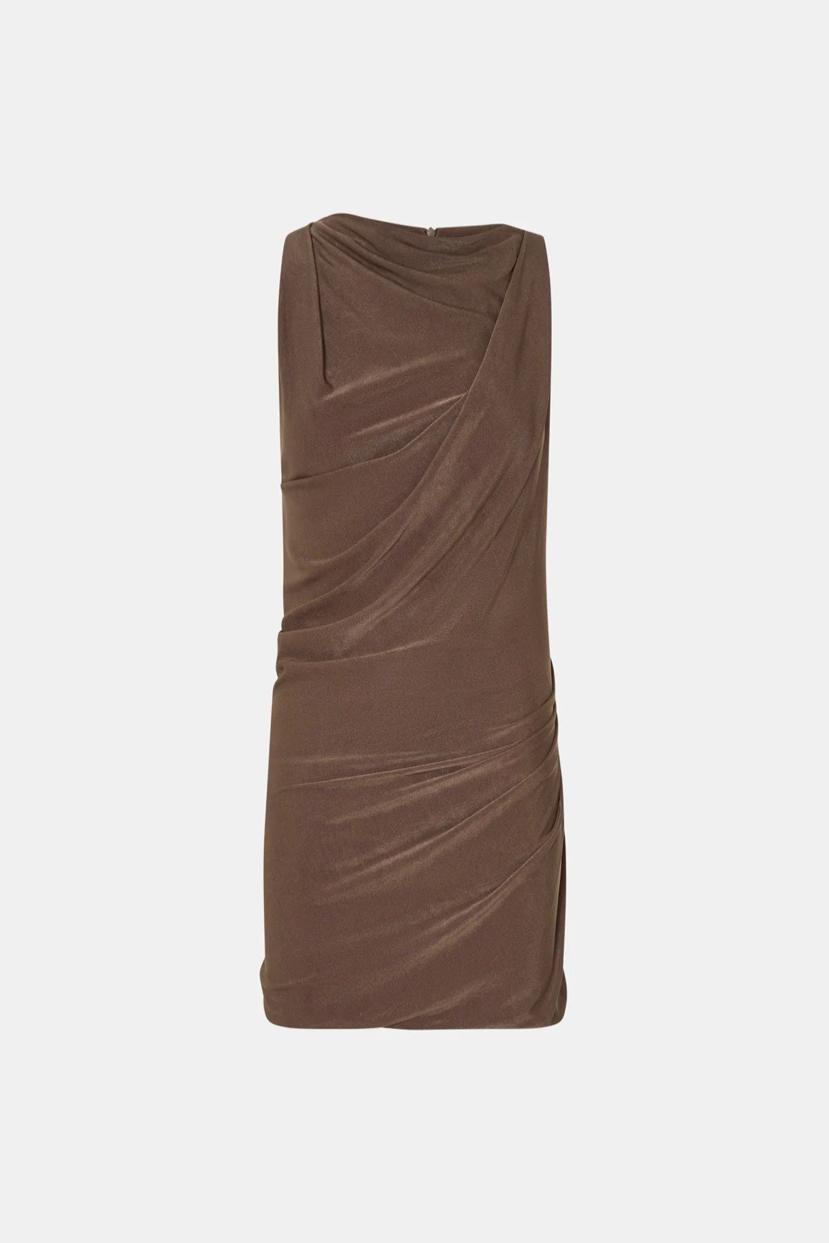 Ashen Dress Copper by Camilla and Marc, satin-look mini with draped cowl neckline and wrap-style waist for a flattering fit.