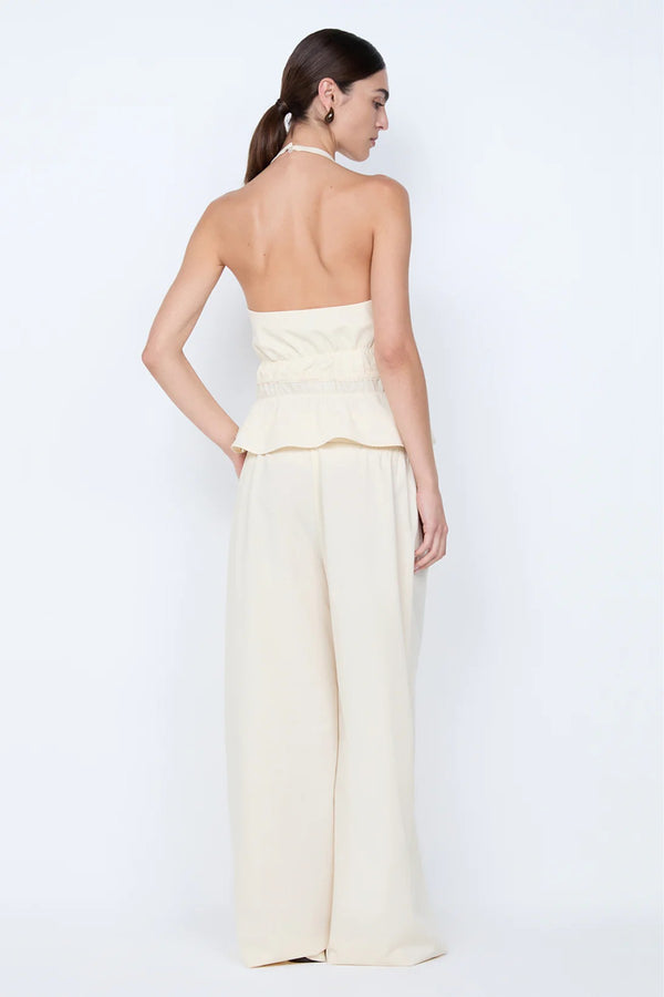 Astrid Halter Top by Bec and Bridge – an ivory halter top with a gathered waist and adjustable drawstring, perfect for polished holiday styling.