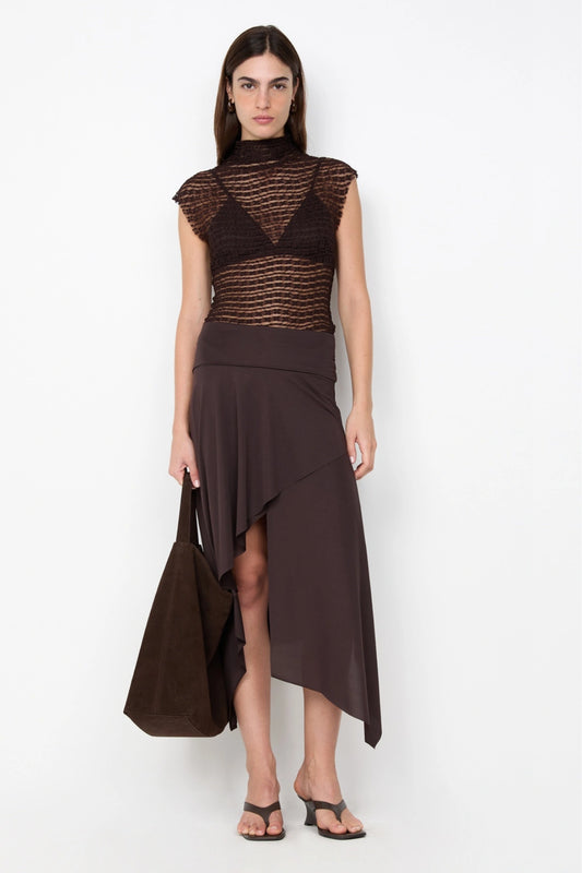 Asym Midi Skirt in Dark Chocolate by Bec + Bridge, designed with a draped silhouette and asymmetric hem for an effortlessly chic look.