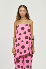 Asym Shift Top Big Dotty by Summi Summi – asymmetrical viscose top with bold dot print for elevated summer styling.