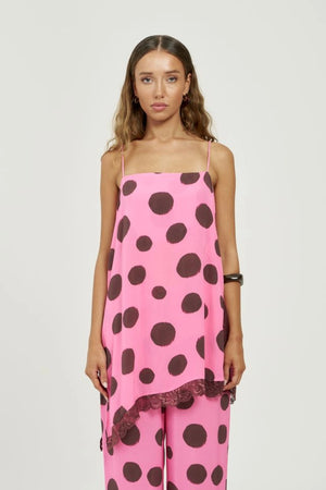 Asym Shift Top Big Dotty by Summi Summi – asymmetrical viscose top with bold dot print for elevated summer styling.