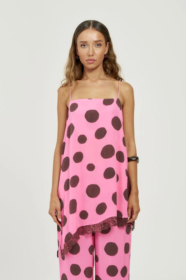Asym Shift Top Big Dotty by Summi Summi – asymmetrical viscose top with bold dot print for elevated summer styling.