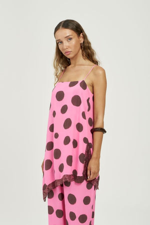 Asym Shift Top Big Dotty by Summi Summi – asymmetrical viscose top with bold dot print for elevated summer styling.