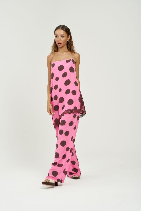 Asym Shift Top Big Dotty by Summi Summi – asymmetrical viscose top with bold dot print for elevated summer styling.