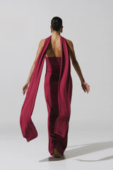 Athena Maxi Dress by Baobab, a strapless pleated chiffon gown with scarf detail and open back. Perfect for elegant events or getaways.