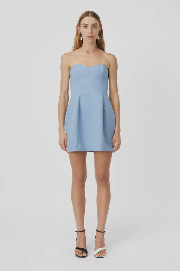 Atlantis Mini Dress Cornflower Blue by Camilla and Marc – A trendy strapless wool mini dress with tailored fit and hip shaping, perfect for sophisticated events.