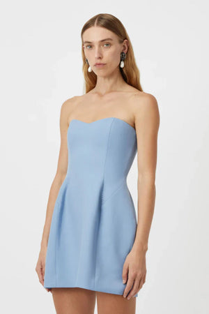 Atlantis Mini Dress Cornflower Blue by Camilla and Marc – A trendy strapless wool mini dress with tailored fit and hip shaping, perfect for sophisticated events.