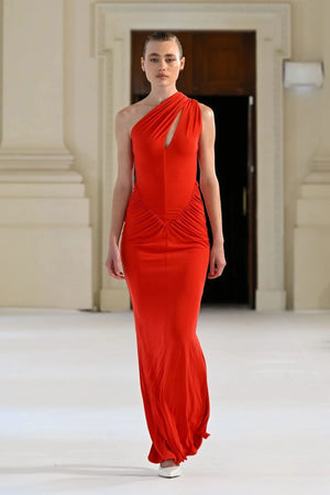 Atlas Gown in Rio by Effie Kats – a one-shoulder stretch jersey gown with bust cut-out, ruched open back, and floor-length drape for modern elegance.