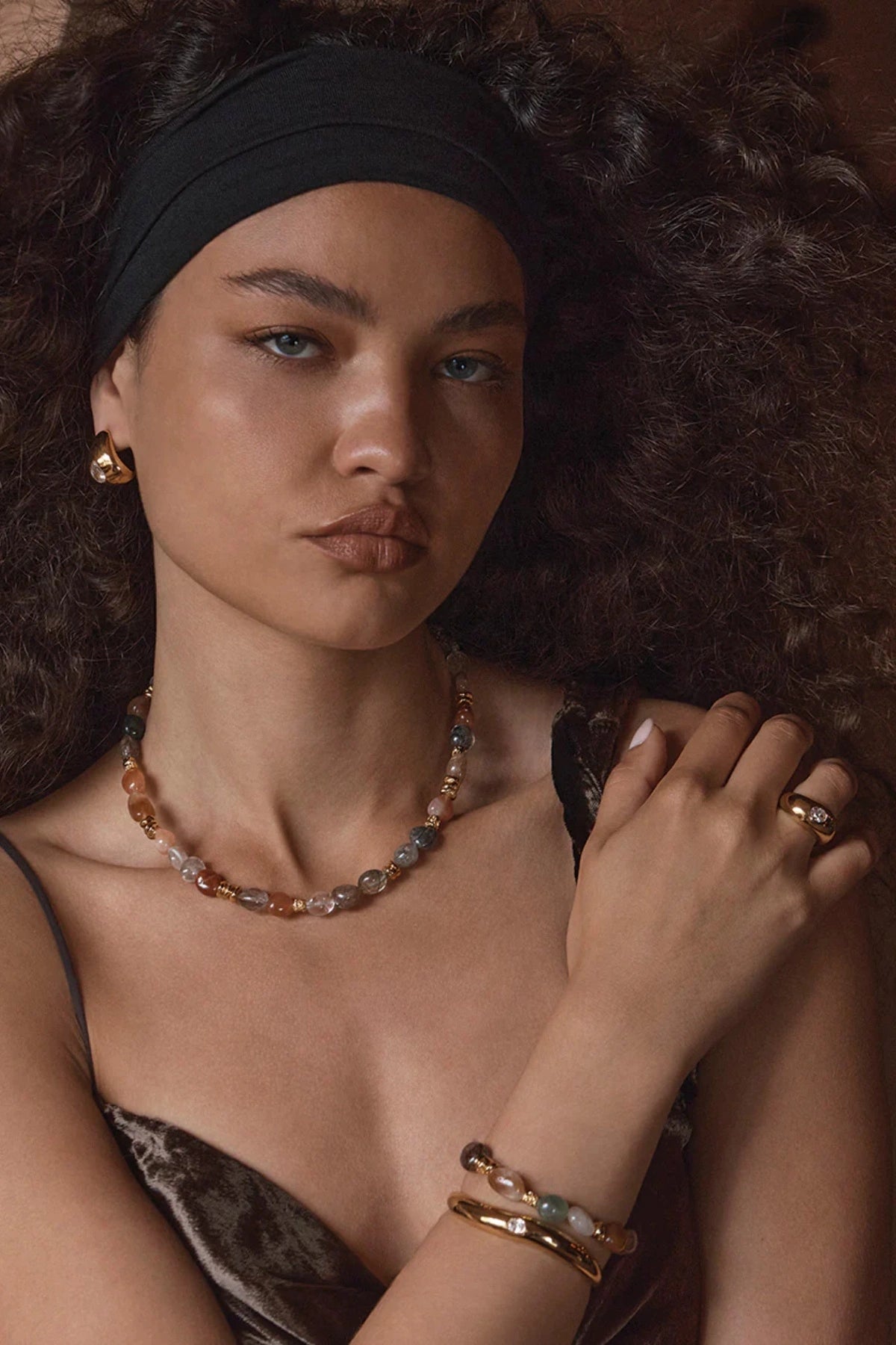 Atrani Necklace by Amber Sceats, a one-of-a-kind design featuring mixed Rutilated Quartz and 24K gold-plated accents. Perfect for elevated layering.
