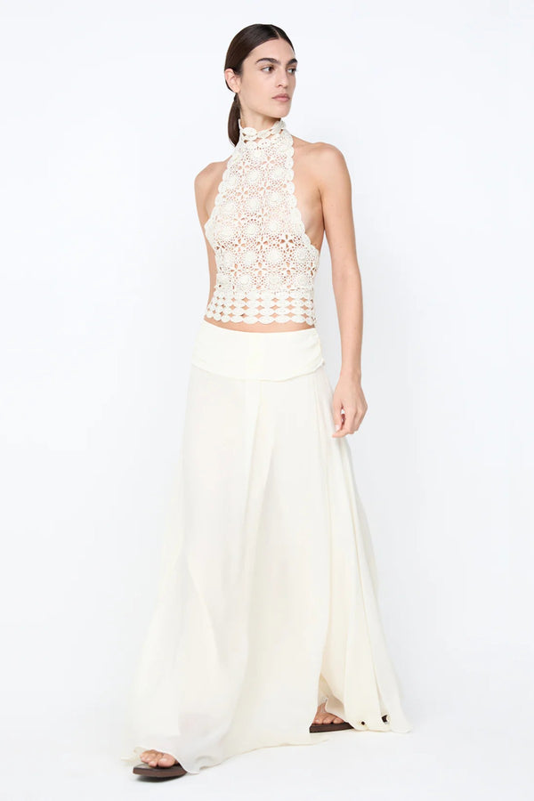 Aurelia Maxi Skirt by Bec and Bridge – an ivory flowy skirt with a soft leg split, perfect for bridal events and refined summer nights.