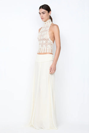 Aurelia Maxi Skirt by Bec and Bridge – an ivory flowy skirt with a soft leg split, perfect for bridal events and refined summer nights.