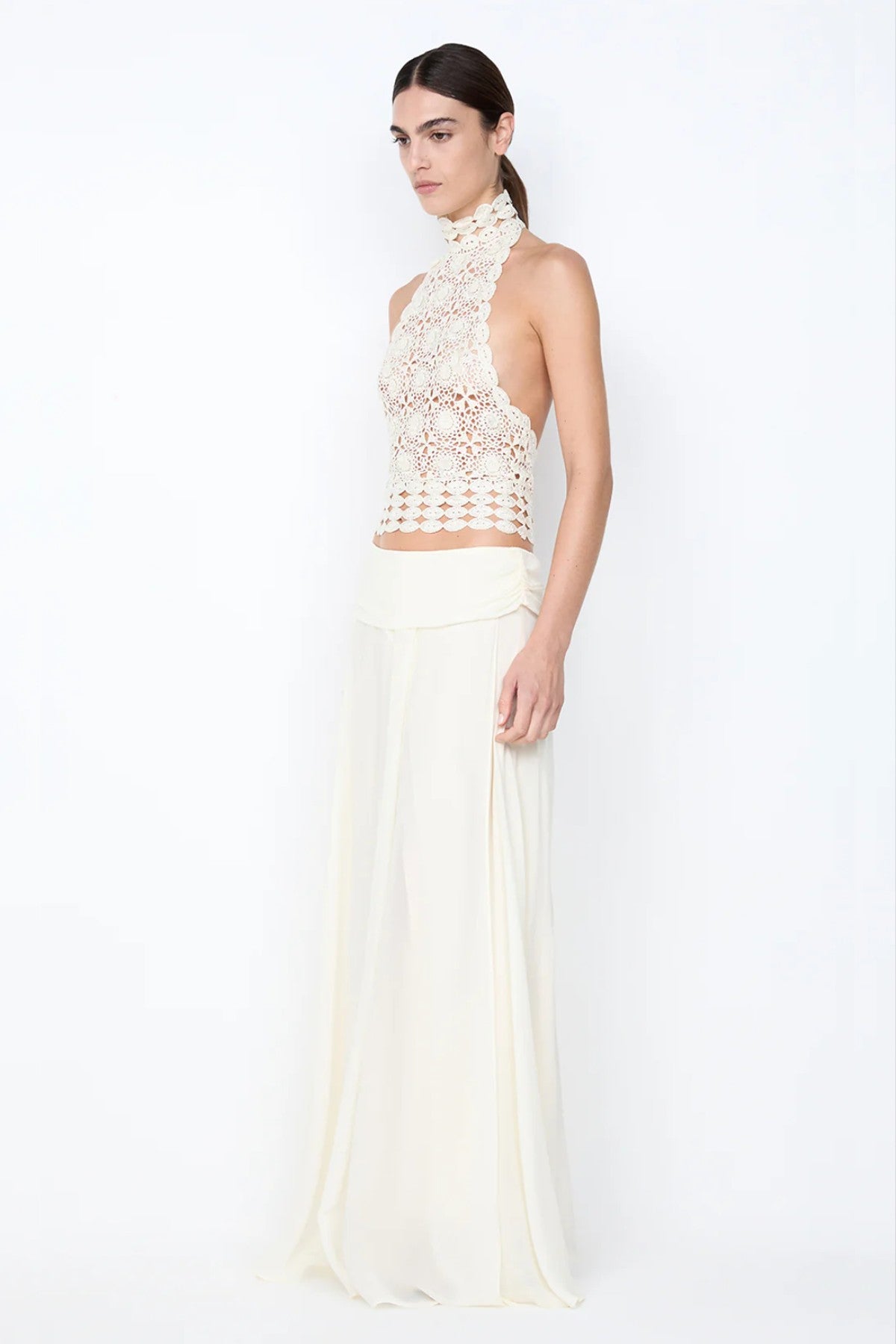 Aurelia Maxi Skirt by Bec and Bridge – an ivory flowy skirt with a soft leg split, perfect for bridal events and refined summer nights.