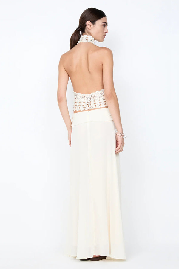 Aurelia Maxi Skirt by Bec and Bridge – an ivory flowy skirt with a soft leg split, perfect for bridal events and refined summer nights.