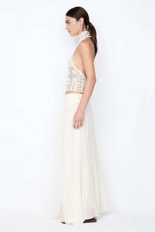 Aurelia Maxi Skirt by Bec and Bridge – an ivory flowy skirt with a soft leg split, perfect for bridal events and refined summer nights.