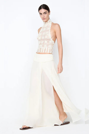 Aurelia Maxi Skirt by Bec and Bridge – an ivory flowy skirt with a soft leg split, perfect for bridal events and refined summer nights.