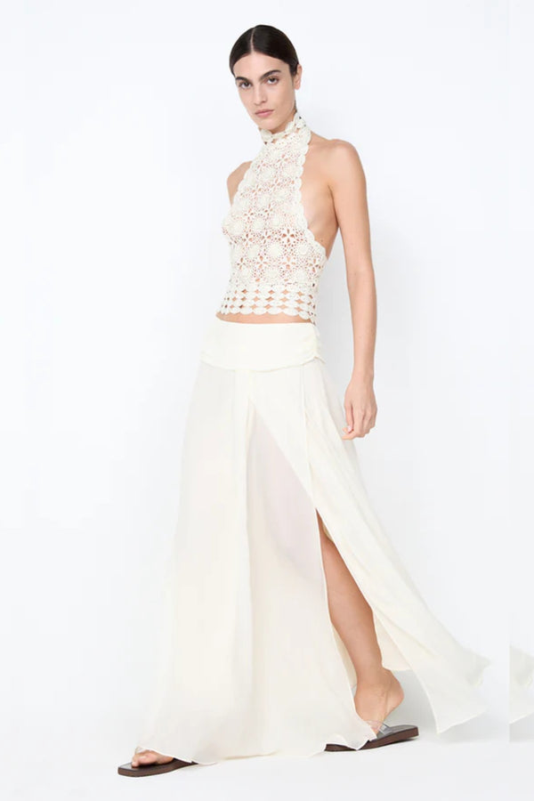Aurelia Maxi Skirt by Bec and Bridge – an ivory flowy skirt with a soft leg split, perfect for bridal events and refined summer nights.