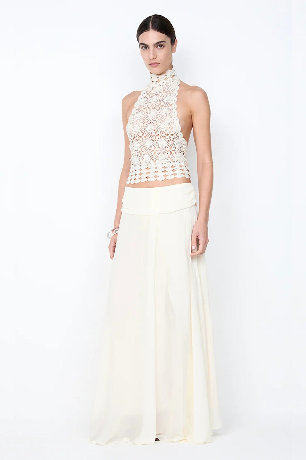 Aurelia Maxi Skirt by Bec and Bridge – an ivory flowy skirt with a soft leg split, perfect for bridal events and refined summer nights.