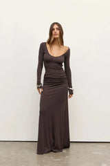 Auri Maxi Dress Smoke by Bayse – fitted maxi dress with scoop neckline and soft gathered waist detailing.