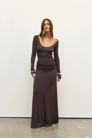 Auri Maxi Dress Smoke by Bayse – fitted maxi dress with scoop neckline and soft gathered waist detailing.