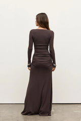Auri Maxi Dress Smoke by Bayse – fitted maxi dress with scoop neckline and soft gathered waist detailing.