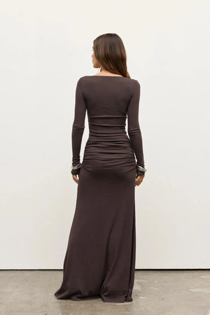 Auri Maxi Dress Smoke by Bayse – fitted maxi dress with scoop neckline and soft gathered waist detailing.