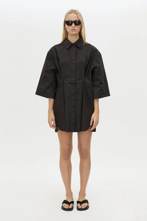 Avant Shirt Dress in Black by Camilla and Marc, a collared cotton shirt dress with pleat detailing, flared sleeves, and side splits.