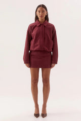 Avery Bomber Cranberry by Sovere, faux suede bomber jacket with relaxed fit for elevated winter layering