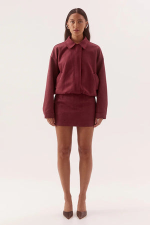Avery Bomber Cranberry by Sovere, faux suede bomber jacket with relaxed fit for elevated winter layering