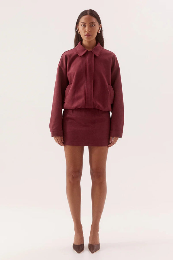 Avery Bomber Cranberry by Sovere, faux suede bomber jacket with relaxed fit for elevated winter layering