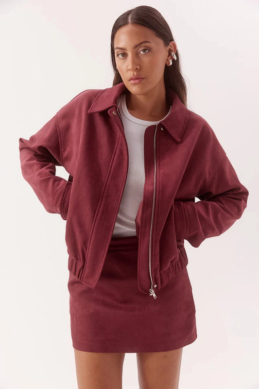 Avery Bomber Cranberry by Sovere, faux suede bomber jacket with relaxed fit for elevated winter layering