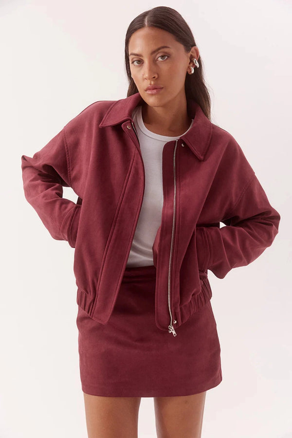 Avery Bomber Cranberry by Sovere, faux suede bomber jacket with relaxed fit for elevated winter layering