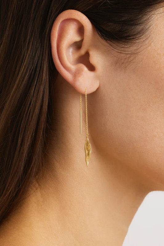 Awaken Thread Earrings by By Charlotte, gold vermeil thread-through design with leaf pendants, a trendy piece perfect for layering or meaningful gifting.