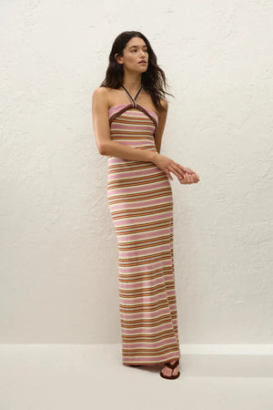 Axel Maxi Dress in Luis Stripe Dusty Mauve by Faithfull the Brand, a halter knit dress in mauve and olive tones. Perfect for warm-weather getaways.
