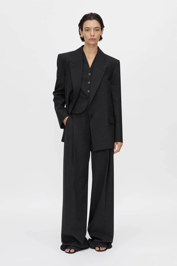 Aya Wool Blazer by Camilla and Marc in black, oversized draped silhouette with cream fleck texture and tailored detailing.
