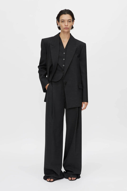 Aya Wool Blazer by Camilla and Marc in black, oversized draped silhouette with cream fleck texture and tailored detailing.
