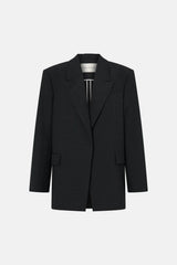 Aya Wool Blazer by Camilla and Marc in black, oversized draped silhouette with cream fleck texture and tailored detailing.
