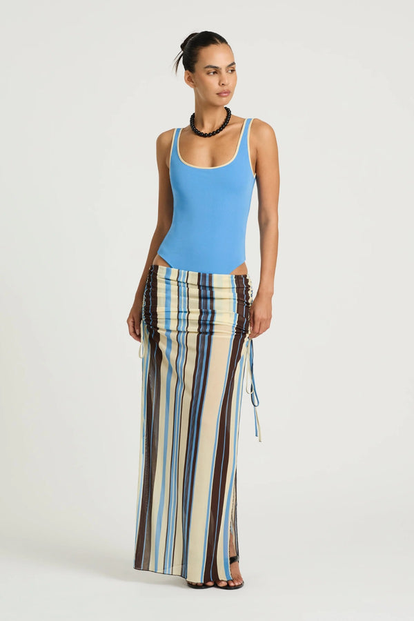 Ayla Maxi Skirt by Benni, ocean stripe sheer mesh maxi with adjustable drawstring sides, low-rise fit and asymmetric ruching.