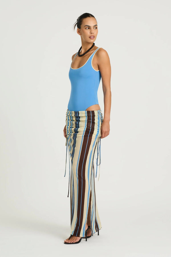 Ayla Maxi Skirt by Benni, ocean stripe sheer mesh maxi with adjustable drawstring sides, low-rise fit and asymmetric ruching.