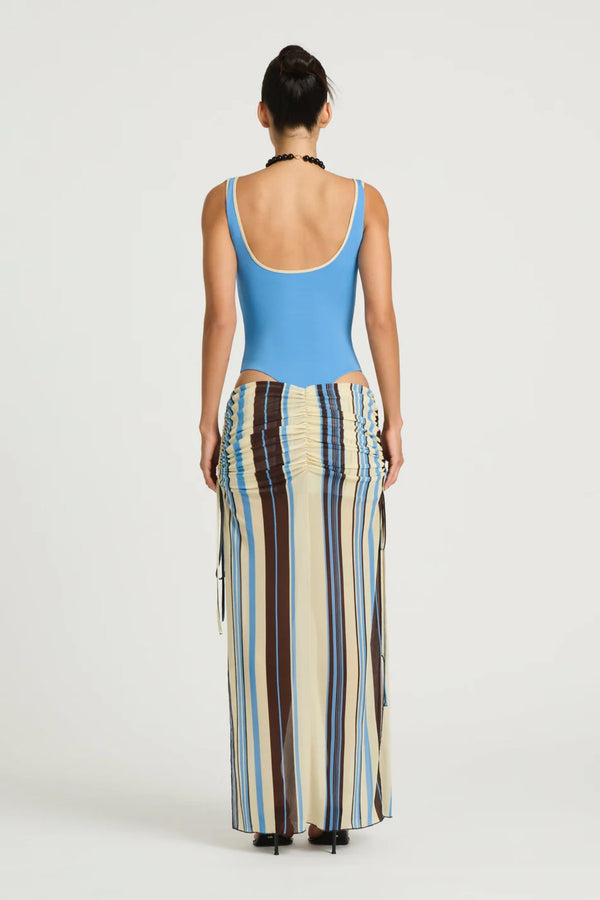 Ayla Maxi Skirt by Benni, ocean stripe sheer mesh maxi with adjustable drawstring sides, low-rise fit and asymmetric ruching.