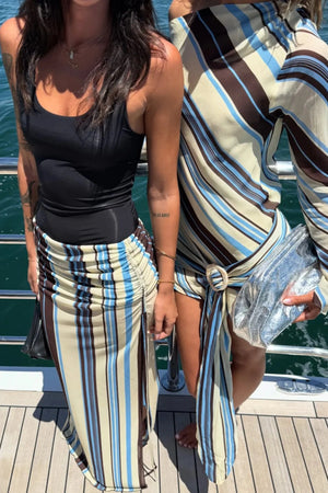 Ayla Maxi Skirt by Benni, ocean stripe sheer mesh maxi with adjustable drawstring sides, low-rise fit and asymmetric ruching.