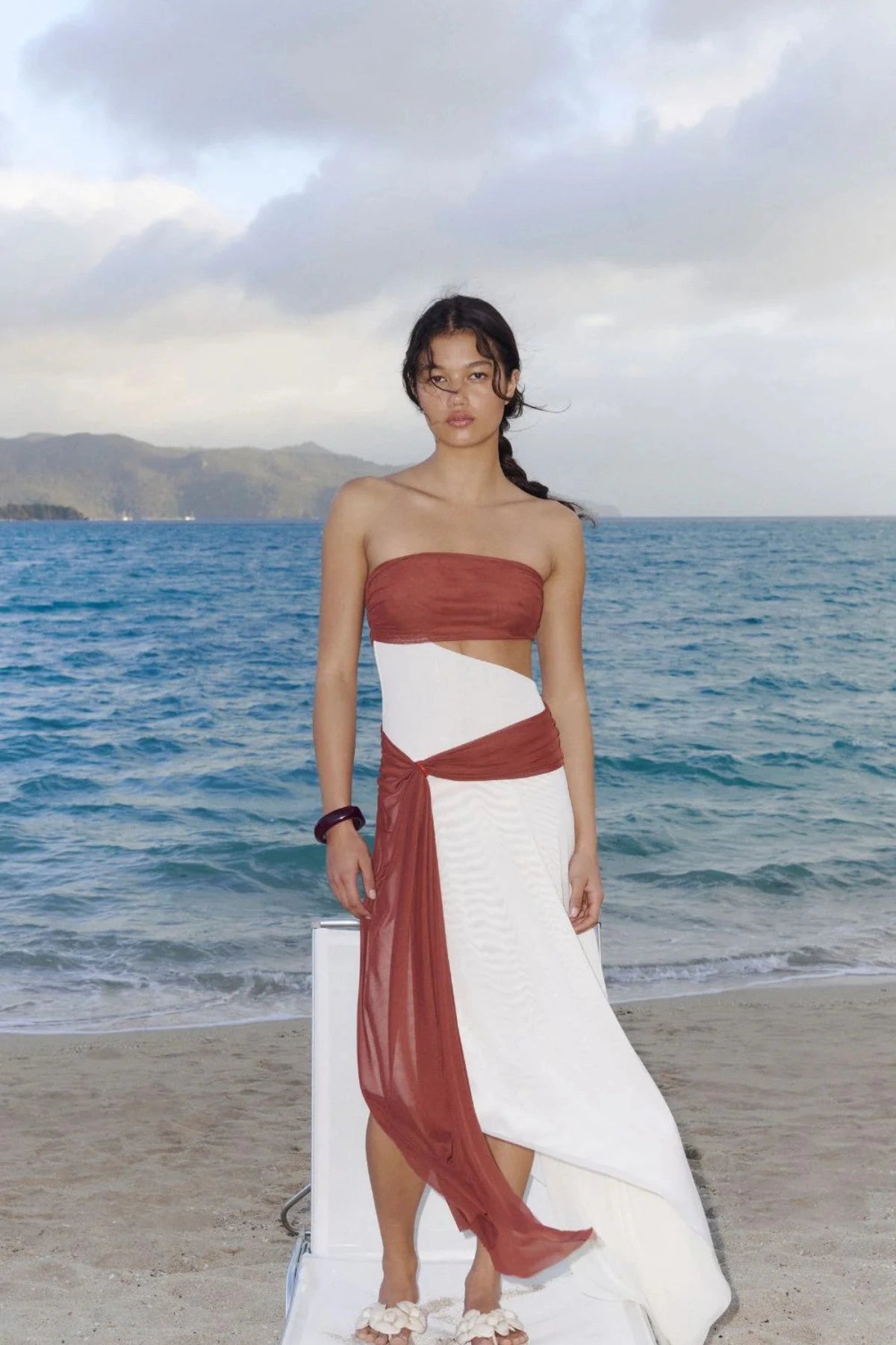 Ayla Strapless Dress by Bec and Bridge — a rust and butter cream spliced strapless dress with a marble ring cutout, perfect for evening events.