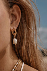 Azar Earrings by Amber Sceats - gold drop earrings with freshwater pearls and chain links, designed for elevated styling.