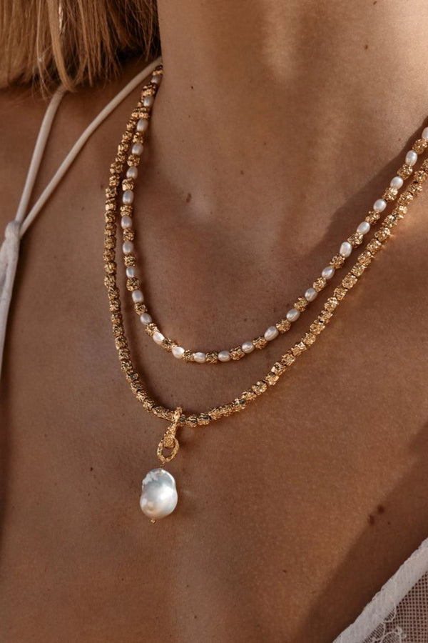 Azar Necklace by Amber Sceats - gold necklace with freshwater pearl pendant and chain links, designed for elevated statement styling.