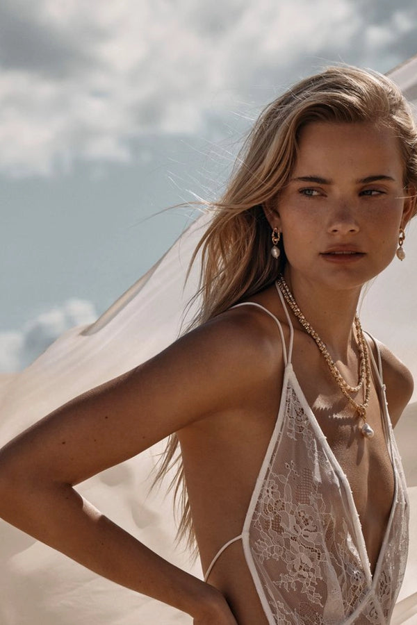 Azar Necklace by Amber Sceats - gold necklace with freshwater pearl pendant and chain links, designed for elevated statement styling.