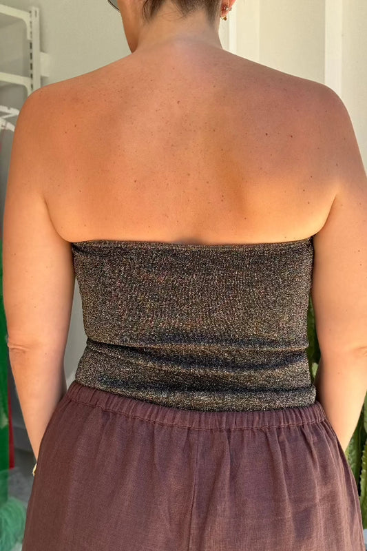 Lulu Tube Top Bronze Lurex by Sneaky Link – Trendy sparkly lurex strapless top with a soft finish and secure fit, perfect for chic nights out or stylish daytime looks.