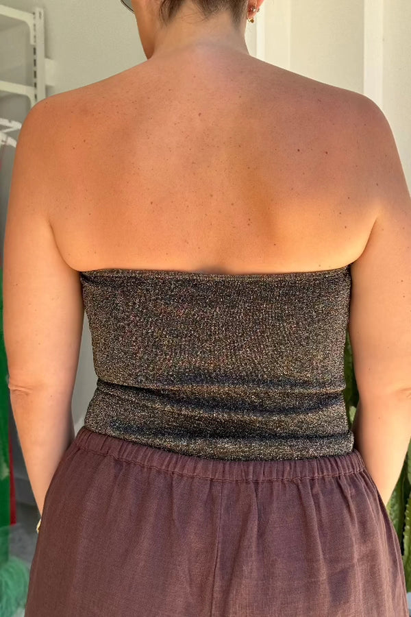 Lulu Tube Top Bronze Lurex by Sneaky Link – Trendy sparkly lurex strapless top with a soft finish and secure fit, perfect for chic nights out or stylish daytime looks.